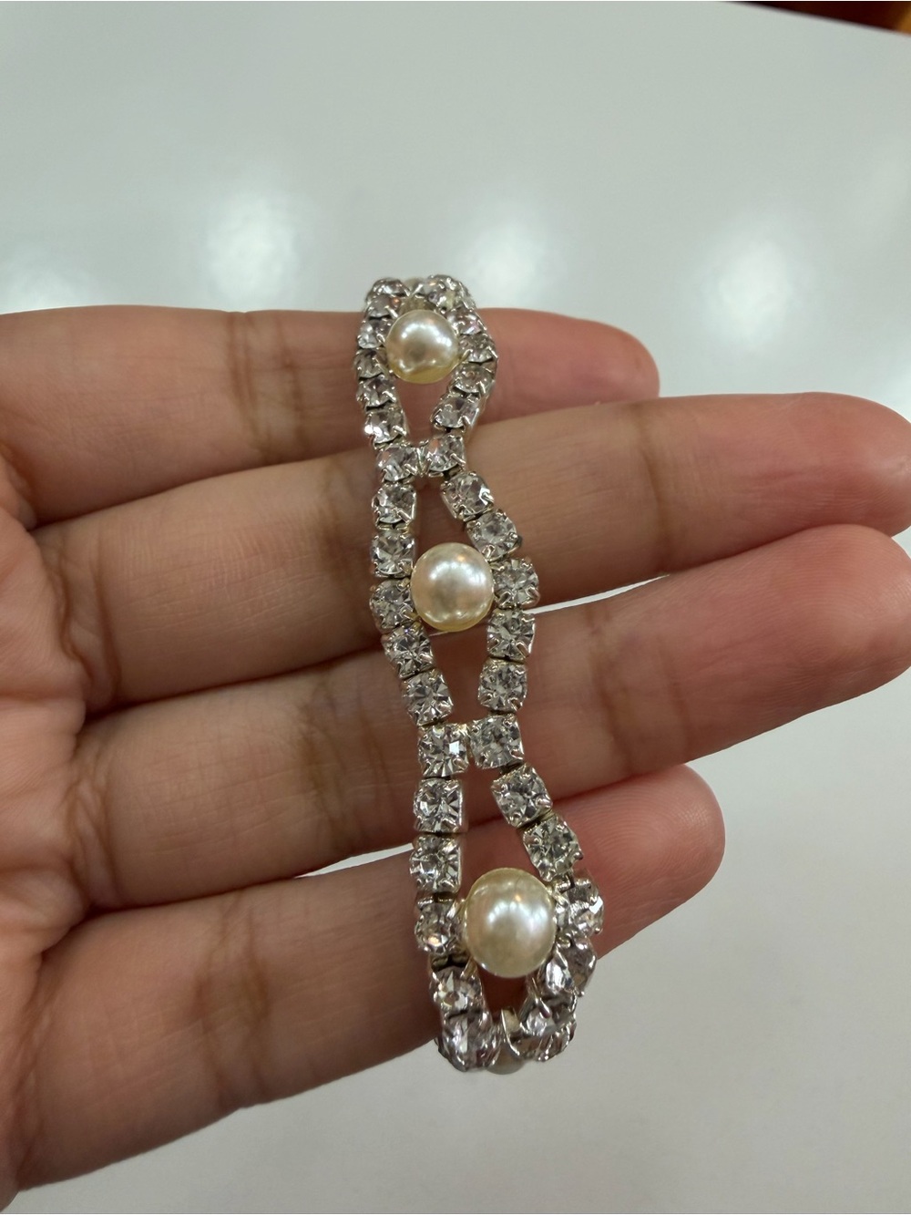 Pearl & Rhinestone Double Strand Statement Bracelet | Sterling Silver and CZ